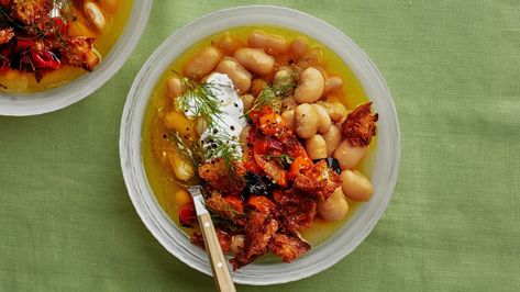 Creamy Braised Beans With Charred Pickles and Croutons Braised Beans, Charred Peppers, Croutons Recipe, Fennel Pollen, Crouton Recipes, Weekend Cooking, Lima Beans, Stuffed Banana Peppers, Vegetable Peeler