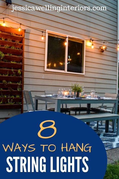 Hang string lights in over your patio or deck with these simple step by step tutorials- whether you need to attach them to a building, make your own posts, or hang them from a tree, we've got you covered! Renter Friendly Yard Ideas, String Light Poles Patio, String Lights On Deck, Diy Patio Light Poles, Diy String Light Poles, Outdoor String Light Poles, Patio Lights String Ideas, Patio Lights String, String Lights Patio