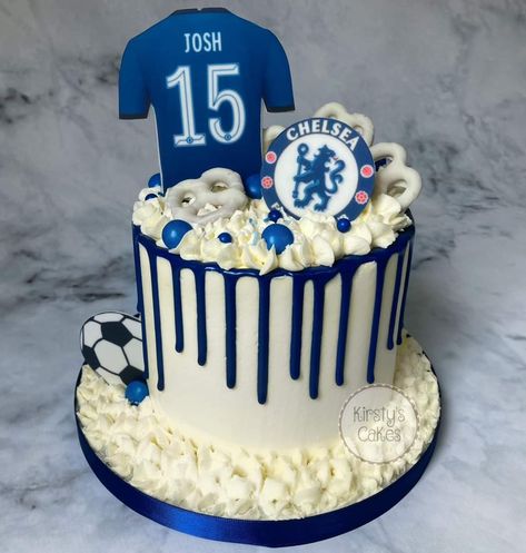 Chelsea Themed Birthday Cake, Blue Soccer Cake, Chelsea Cakes For Men, Chelsea Cake Ideas, Real Madrid Cake Ideas, Chelsea Football Cake, Blue Drip Cake, Soccer Birthday Cakes, Football Cakes