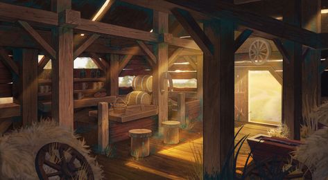 ArtStation - Old stable, Irina Trifonova Fantasy Stables Concept Art, Concept Art Fantasy Landscape, Stable Concept Art, Fantasy Stables, Stable Illustration, Medieval Stable, Art Fantasy Landscape, Gif Studio, Interior Concept Art