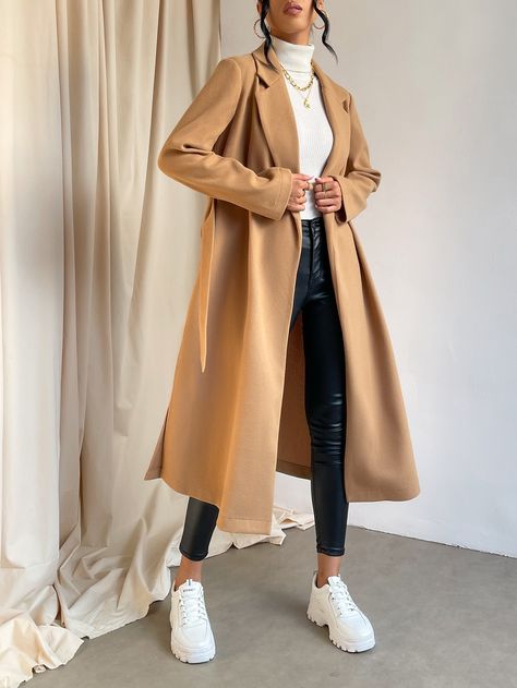 Camel Elegant Collar Long Sleeve Fabric Plain Wrap Embellished Non-Stretch  Women Outerwear Chic Female Outfits, Women's Office Wear, Cream Coat Outfit, Winter Mode Outfits, How To Wear Ankle Boots, Women Outerwear, Beige Coat, Coat Outfit, Trendy Fall Outfits