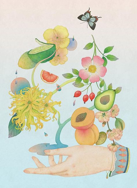 Taiwanese Graphic Design, Whimsical Graphic Design, Whooli Chen, Garden App, Whimsical Food, Watercolour Food, Wildlife Illustration, Painted Illustration, Book Cover Illustration