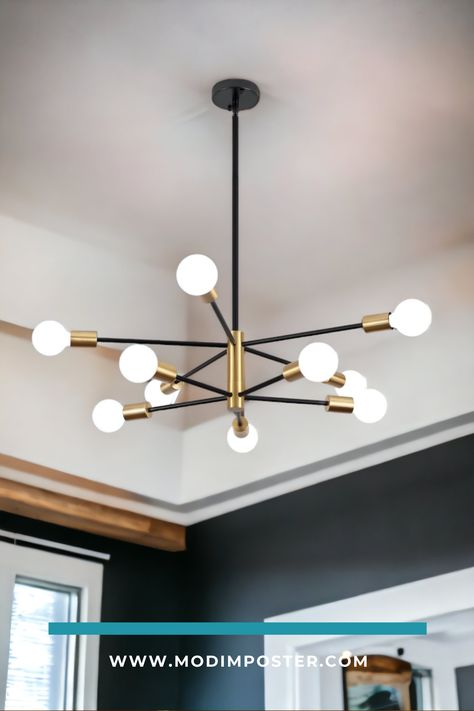 Mid Century Modern Sputnik Chandelier Lighting Mid Century Chandelier Dining, Entry Way Chandelier, Mid Century Modern Lighting Fixtures, Gold Ceiling Lights, Black And Gold Ceiling, Chandeliers For Bedroom, Mid Century Light Fixtures, Modern Sputnik Chandelier, Sputnik Light Fixture