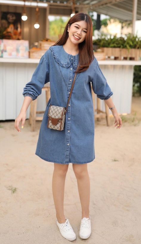 Outing Dress For Women, Simple Korean Dress Design, Korean Frok Designs, Korean Sundress Outfit, Denim Dress Korean Outfit, Blue Dress Casual Korean, Indian Dresses For Women, Bussines Women Lifestyle, Casual Frocks