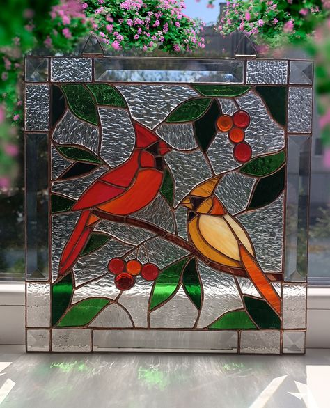 Cardinal stained glass panel will bee exquisite memorial gift or make it a cherished addition to any home decor. Brighten up any space with this stunning stained slass panel, meticulously handcrafted to capture the beauty and grace of the stained glass bird.  The beveled glass accents enhance the natural light, creating a stunning play of colors and reflections throughout the day. This suncatcher is not only a decorative piece but also a heartwarming memorial gift, ideal for remembering a loved Stained Glass Cardinals, Cardinal Stained Glass Pattern, Stained Glass Panels Patterns, Stained Glass Birds Patterns, Stained Glass Animals, Stained Glass Cardinal, Hanging Stained Glass, Stain Glass Window Art, Stained Glass Bird