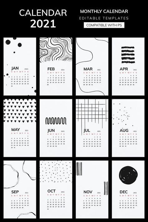 Abstract Calendar, Calendar Design Ideas, Black And White Calendar, Calendar Design Layout, Calendar Design Inspiration, Black Calendar, 2025 Design, Calendar Graphic, Minimal Calendar