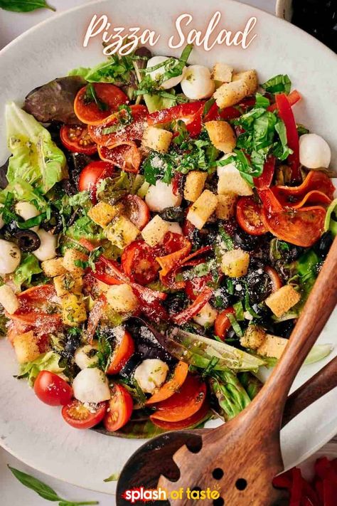 Pizza Salad Katie Lee, Hearty Salads Meals Dinners, Salad Pizza Recipes, Salad For Pizza Night, Pizza Night Salad, Pizza Salad Recipe, Whimsical Recipes, Superfood Salads, Hiking Recipes