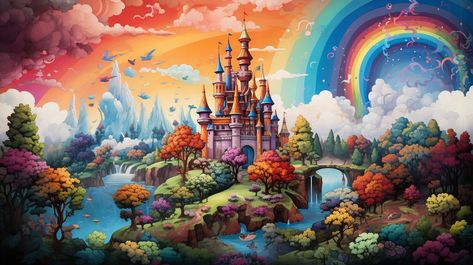 Enchanted Fairy Tale: An awe-inspiring fantasy landscape showcasing a magnificent castle amidst a vividly colored, dreamlike natural setting. #fantasy #castle #rainbow #landscape #colorful #aiart #aiphoto #stockcake ⬇️ Download and 📝 Prompt 👉 https://ayr.app/l/C95H Fairy Tale Images, Rainbow Landscape, Fairy World, Beauty Bible, Magic Rainbow, Enchanted Fairy, Enchanted Fairies, Fairytale Fantasy, Fantasy Castle