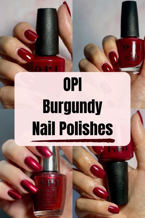 OPI burgundy nail polishes text overlay 4 OPI burgundy nail color swatches Burgundy Nail Polish Colors, Opi Burgundy Nail Polish, Muted Red Nails, Color For Short Nails, Opi Burgundy, Mauve Gel Nails, Burgundy Nail Color, Wine Colored Nails, Nail Color Swatches