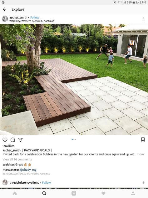 Perfect color for decking Decking And Patio Ideas, Patio And Decking Together, Deck Pathway Ideas, Deck Transition To Patio, Minimalist Deck Design, Modern Decking Ideas, Wood Terrace Outdoor, Garden Decking Ideas Layout, Slate Patio Ideas