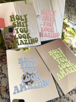 You Look Good Mirror By Printed Weird | notonthehighstreet.com Mirror With Saying, Mirror Sticker Ideas, Mirror Stickers Aesthetic, Acrylic Designs Interior, Mirror Branding, Mirror With Stickers, Aesthetic Mirror Design, Mirror Gift Ideas, Mirror Customization