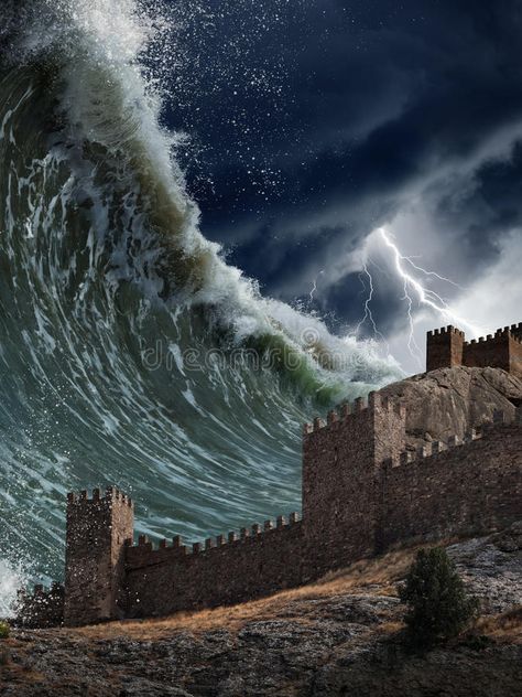 Giant tsunami waves crashing old fortress. Apocalyptic dramatic background - gia , #AD, #crashing, #fortress, #Apocalyptic, #Giant, #tsunami #ad Tsunami Image, Dramatic Background, Tsunami Waves, Weather Storm, Wild Weather, Waves Crashing, The Flood, 판타지 아트, Photography Pictures