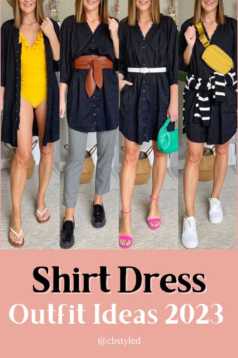 How to style a shirt dress for spring 2023? Check out these women's spring outfit ideas with shirt dress. This black shirt dress outfit guide is perfect if you love trendy fashion outfits for 2023. Black Dress Shirt Women, Style A Shirt Dress, Black Shirt Dress Outfit, Spring Women Outfits, Outfits For 2023, Blouse Dress Outfit, Short Shirt Dress, Spring Trends Outfits, Trendy Spring Outfits