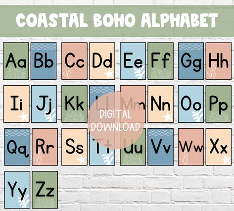 Transform your classroom into a learning oasis with this Coastal Boho Theme Alphabet printable. Letters are properly formed to allow your students to be able to read and use for their own writing. This download will help provide the calm, beachy, and chic aesthetic you and your students will love! See images and description for details. Boho Blue Classroom, Boho Beach Classroom, Coastal Classroom, Coastal Boho Classroom Decor, Calm Costal Classroom, Inspirational Classroom Quotes, Ocean Classroom Decor, Nautical Classroom Theme, Beach Theme Classroom