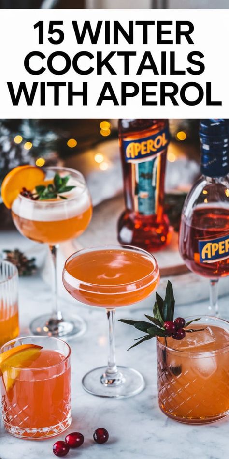 "Warm up your holidays with these 15 delightful winter cocktails featuring Aperol! Discover cozy recipes perfect for festive gatherings, including the classic Winter Aperol Spritz and unique hot Aperol variations. These winter cocktails recipes are ideal for a crowd, making them perfect for your Christmas cocktail party. Explore deep-fried turkey recipes that pair beautifully with your favorite Aperol Spritz recipe!" Holiday Aperol Cocktail, Aperol Holiday Cocktails, Aperol Champagne Cocktail, Aperol Christmas Cocktail, Aperol Spritz Variation, Winter Aperol Spritz, Aperol Cocktail Recipes, Hot Aperol, Aperol Spritz Aesthetic