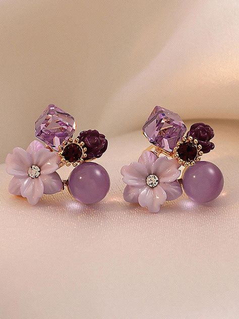 Purple Collar, Kids Earrings, Violet Flower, Watches Women Fashion, Purple Crystals, Crystal Flower, Flower Earrings Studs, Cluster Earrings, Purple Flower