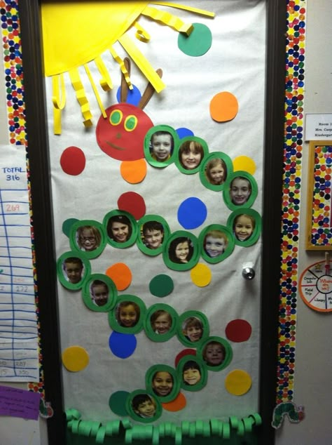 Easy Door Decorations Classroom Simple, Read Across America Door Decorations, Classroom Door Decorating Ideas, Eric Carle Classroom Theme, Hungry Caterpillar Classroom, Eric Carle Classroom, Classroom Door Decorating, Preschool Door, Door Decorating Ideas