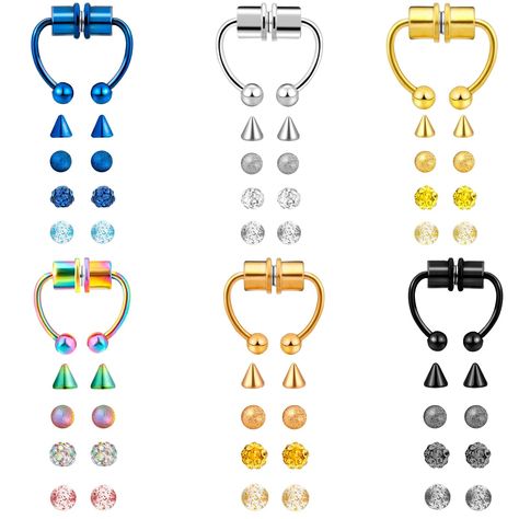 PRICES MAY VARY. 💖【PACKAGE INCLUDE】 - Total 6 pcs magnetic nose rings septum fake nose rings come in a small box. Colors are black, silver, gold, colored, blue and rose gold. Fake septum piercings with horseshoe outlook, magnetic absorption, no pierced, fake septum rings suit for both women and men. 💖 【FAKE PIERCINGS SIZE】 - Magnetic piercing 16 gauge(1.2mm), inner diameter: 12mm, ball size: 3mm, replacement spikes: 3mm. These magnet septum piercing are easy to put in and take off. If you don' Magnetic Piercings, Septum Piercing Rings, Magnetic Septum, Magnetic Nose Ring, Fake Septum Ring, Septum Nose Rings, Septum Nose, Cool Piercings, Fake Nose Rings