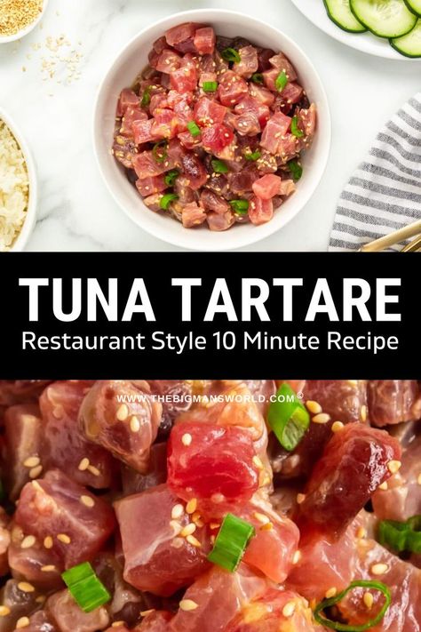 Raw Tuna Recipe, Ginger Soy Dressing, Raw Fish Recipes, Fresh Tuna Recipes, Tuna Tartare Recipe, Tuna Appetizer, Tartare Recipe, Soy Dressing, How To Make Tuna