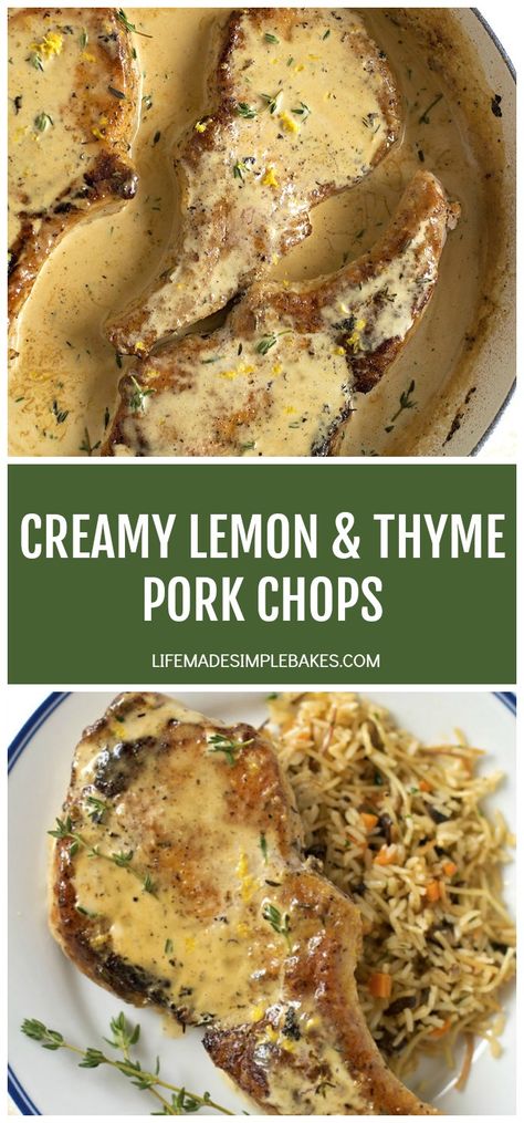 These creamy lemon and thyme pork chops are perfect for a cozy weekend meal. They're breaded and topped with a luscious, flavorful pan sauce. #creamylemonthymeporkchops #porkchops #lemonporkchops #lemonandthyme Pork Chop Topping Sauce, Creamy Lemon Thyme Pork Chops, Lemonade Pork Chops, Pan Sauce For Pork Chops, Lemon Thyme Pork Chops, Lemon Pork Chop Recipes, Sautéed Pork Chops, Creamy Lemon Pork Chops, Dill Pork Chops