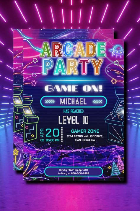 🏷️$2.35 📢Before Discount - 🎁 Level up the fun at your kid's birthday bash! Our neon retro arcade game-themed birthday party invitation invites young gamers who love vintage video games to a power-packed celebration. Level-up their special day with epic adventures and joyful memories!" You can customize it with your own text. 🥳🎉🥂🎁🔥 level up, game on, neon birthday party, arcade birthday party, gamer birthday party, glow birthday party, video games birthday party, boy retro gaming, color Neon Birthday Invitations, Birthday Party Glow, Arcade Birthday Party, Arcade Birthday Parties, Gaming Birthday Party, Arcade Birthday, Unique Birthday Ideas, Gamer Birthday Party, Birthday Party Video