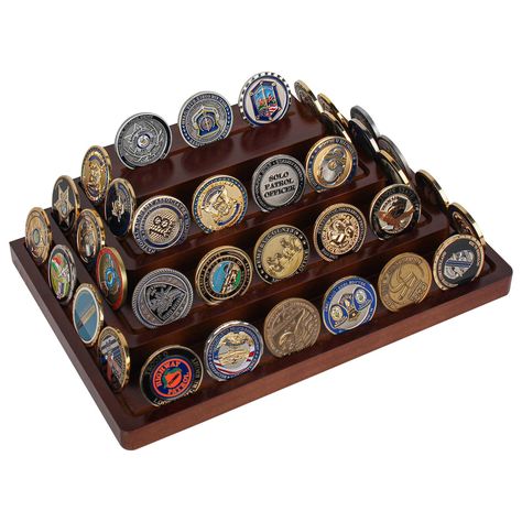 PRICES MAY VARY. Made from Real Wood: Our new challenge coin display is crafted from natural solid wood, giving it a beautiful and authentic look. It's the perfect way to showcase your collection with style and sophistication. Holds Up to 45 Coins: With four tiers, our challenge coin display rack can hold approximately 45 standard-sized coins. It's a great way to organize and display your collection, while still being able to easily view and admire each coin. Fits All Kinds of Coins: Whether you Military Coin Display, Coin Display Stand, Challenge Coin Holder, Military Coins, Challenge Coin Display, Coin Stand, Collectible Coins, Coin Display, Stand Desk