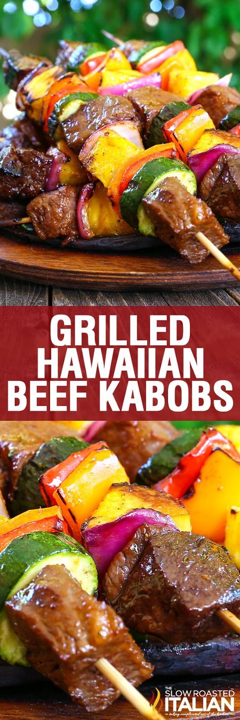 Grilled Hawaiian Beef Kabobs are such an amazing yet simple recipe you will be making them all year long. Your favorite island flavors all come together with a tender beef in a glorious marinade, juicy pineapple and and a rainbow of perfectly cooked vegetables all on one kabob. Summer couldn't possibly taste any better than this! #ad @coalgrilling @gladproducts @walmart Hawaiian Beef, Shishkabobs Recipe, Beef Kabob Recipes, Fruit Kebabs, Steak Kabobs, Beef Kabobs, Pan Frying, Kabob Recipes, Beef Recipe