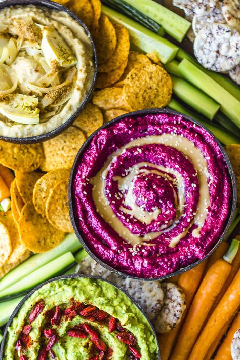 This loaded hummus platter is just perfect for the festive season around the corner! It features 3 hummus dips, each with a unique twist and will make you never want ordinary hummus again! Each are colourful, bright, jolly and packed with flavour. The 3 dips are: Avocado lime hummus Smoked beetroot hummus Artichoke hummus with… Rainbow Nourishments, Loaded Hummus, Artichoke Hummus, Hummus Platter, Beetroot Hummus, Tapas Dishes, Easy Curry, Healthy Prawn Recipes, Vegan Hummus