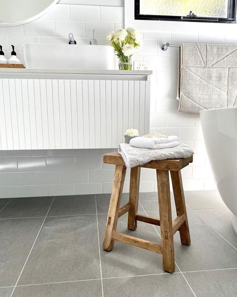 Grey is the perfect neutral colour for a bathroom that’s always on trend!  Image @greenwoodshome Bardon bathroom renovation collaboration with @brisbanebathrooms #amberhastheanswer  #ambertiles #ambertilesalbion #greytiles #tiles #bathroomrenovation #bathroomdesigns #brisbanebathroomdesign #interiordesign #bathroominspiration Stool Decor, Milk Stool, Stool Bathroom, Provincial Home Living, Provincial Home, Milking Stool, Grey Tiles, Family Bathroom, Decor Bathroom