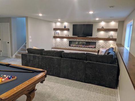 Lookout Basement Ideas, White Finished Basement, Modern Basement Playroom, Fully Furnished Basement, Sport Basement Ideas Decor, Basement Kitchen Living Room Combo, Basement Remodel Ideas On A Budget, How Far Should Couch Be From Tv, Small Basement Ideas Layout Bedrooms