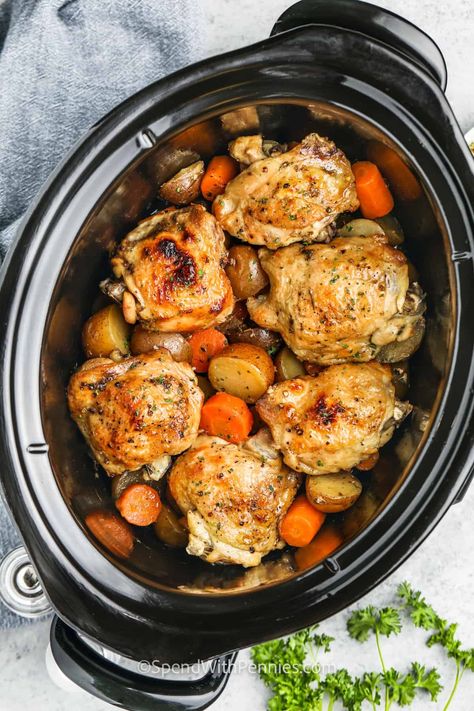 Enjoy the convenience and flexibility of this effortless CrockPot Chicken and Potatoes recipe. Feel free to switch to chicken breast and use any kind of potato you prefer. Regardless of your choices, you'll still end up with a delicious and comforting meal that will warm your belly throughout the season. #crockpotchickenandpotatoes #crockpot #slowcooker #recipe #spendwithpennies Slow Cook Chicken And Potatoes, Chicken Thigh And Potato Crockpot, Slow Cooker Chicken Vegetables, Instant Pot Recipes Chicken And Potatoes, Slow Cooker Ranch Chicken And Potatoes, Crockpot Chicken Vegetables, Chicken And Vegetables In Crockpot, Italian Chicken And Potatoes Crockpot, Carrots Potatoes And Chicken