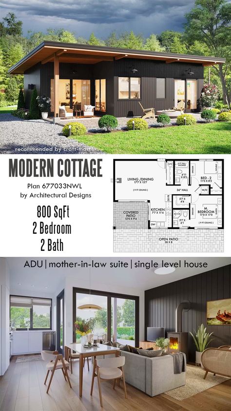 Looking for a modern solution to build an accessory dwelling unit on your property? This modern floor plan with clean lines and a shed-style roof can be an answer. While the 800 sq. ft. plan is equally divided into 2 parts, it creates an open living/dining area and two bedrooms each with access to a separate full bath. Additionally, there is plenty of space to enjoy outdoors and entertain with a covered and open patio. 750 Sq Ft House Plans, Tiny Cottage Plans, 800 Sq Ft House Plans, American House Design, 800 Sq Ft House, Sims Cheats, Mother In Law Cottage, Open Patio, Modern Mexican Home