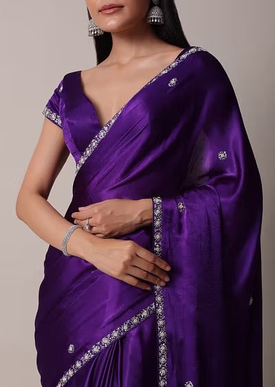 Search Satin Saree Blouse Designs, Satin Saree Party Wear, Satin Saree Blouse, Chinon Saree, Simple Kurti, Dresses Indian Wedding, Kalki Fashion, Purple Saree, India Wedding