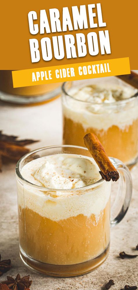 This Caramel Bourbon Apple Cider Cocktail is a warm fall beverage spiked with vodka and bourbon and steeped with caramel sauce and cinnamon sticks. A heartwarming spiced drink with a whipped cream topping is perfect for sipping fireside or together with friends. #CaramelBourbonAppleCiderCocktail #HotBourbonAppleCider #AppleCiderCocktailRecipes Carmel Apple Cider Alcohol, Apple Cider Caramel Vodka Fireball, Spiked Apple Cider Bourbon, Apple Cider Bourbon Drink, Boozy Caramel Apple Cider, Halloween Dinner Party Food, Caramel Bourbon, Crockpot Drinks, Bourbon Cider