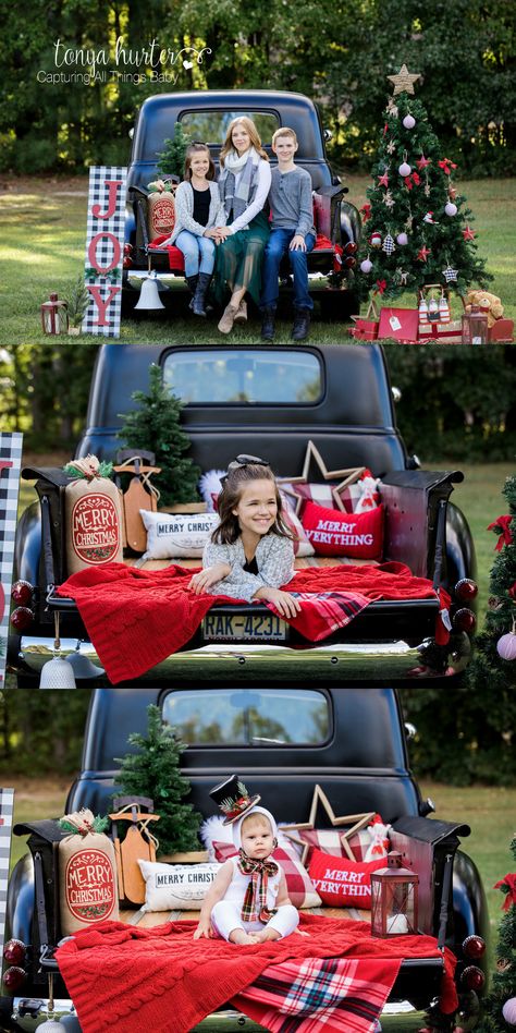 Christmas Vintage Truck Photo Session Blue Truck Christmas Photos, Pickup Truck Christmas Photoshoot, Christmas Pictures With Old Truck, Christmas Mini Sessions Truck, Old Truck Christmas Photo Shoot, Christmas Truck Photoshoot Family, Holiday Truck Photoshoot, Back Of Truck Christmas Photos, Christmas Truck Pictures