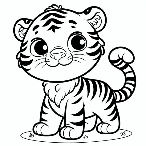 Tiger Easy Drawing For Kids, Tiger Colouring Pages, Kawaii Tiger Drawing, Tiger Coloring, Tiger Cartoon Drawing, Tiger Coloring Pages For Adults, Cartoon Tiger, Black And White Cartoon, Baby Tiger