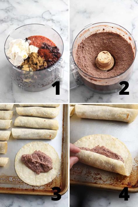 Vegan Taquitos Baked, Vegan Black Bean Taquitos, Creamy Black Bean Taquitos, Vegan Recipes Oven, Baked Black Bean Taquitos, Black Bean Taquitos Baked, Vegan Recipes Potluck, Oven Only Meals, Meatless Comfort Food