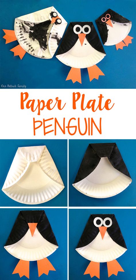 Paper Plate Penguin - Our Potluck Family Penguin Art Projects For Kids, Penguin Art Preschool, Paper Plate Penguin, Penguin Craft For Kids, Penguin Crafts Preschool, Arctic Animals Crafts, Winter Crafts For Toddlers, Paper Plate Animals, Fun Winter Crafts