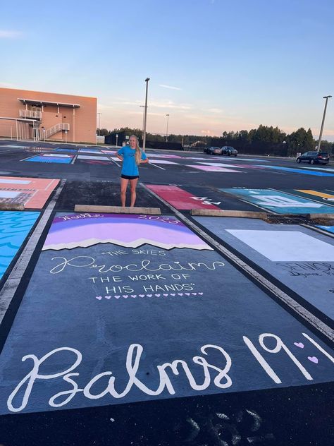 Paint your parking spot - The skies proclaim the work of His hands Psalms 19:1 Tangled Themed Parking Spots, Orange Senior Parking Spot, Senior Parking Spots Chalk, Christian Painted Parking Spots, Senior Parking Spaces Jesus, Bible Verse Parking Spot Painting, Senior Parking Space Ideas Bible Verse, Jesus Senior Parking Spot, Bible Verse Senior Parking Spot