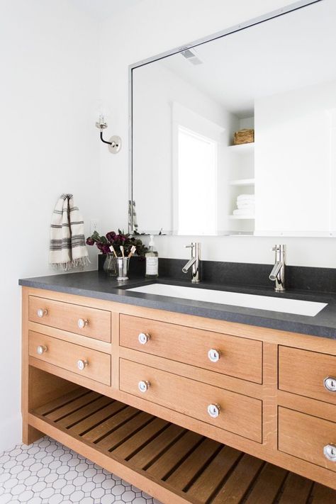 Pros and Cons: Trough Sinks Double Trough Sink, Trough Sink Bathroom, Studio Mcgee Bathroom, Large Bathroom Sink, Master Vanity, Dark Countertops, Trough Sink, Double Sink Bathroom, Large Bathrooms