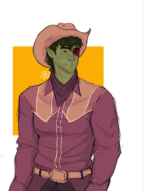 feralmushroom on ig #dnd #dnd5e #orc #cowboy #oc Cowboy Dnd Art, Half Orc Cowboy, Orc Cowboy, Dnd Cowboy Character Art, Dnd Cowboy, Wildfire Druid, Dnd Goblin, Cowboy Oc, Fantasy Western