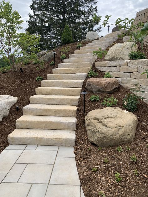 Slope Steps Landscape, Retaining Wall With Steps, Stone Stairs Outdoor Landscaping Ideas, Steps Down Hill To Lake, Natural Stone Steps On Hill, Backyard Stairs, Natural Stone Stairs Outdoor, Garden Steps On A Slope Stairs Natural Stones, Backyard Retaining Walls