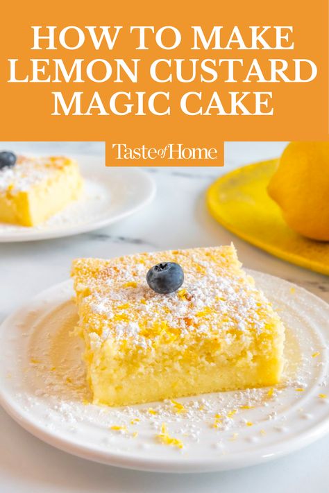 Light, lemony and made with only six ingredients, this lemon custard cake is perfect for any occasion. Here's how to make it at home. #custard #lemoncake #cakes #desserts Lemon Custard Magic Cake Taste Of Home, Magic Lemon Custard Cake, Lemon Custard Magic Cake, Lemonade Dessert Recipes, Best Custard Recipe, Lemon Magic Cake, Lemon Custard Cake Recipe, Dessert Recipes With Eggs, Custard Recipes Desserts