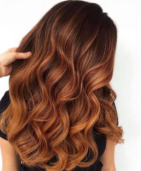 The Prettiest Apple Cider Hair Colors To Brighten Up Your Fall Days Different Highlight Colors For Brown Hair, Pumpkin Balayage Hair, Apple Cider Copper Hair, Apple Cinnamon Hair Color, Apple Cider Hair Color, Autum Hair Color Ideas, Autum Hair Colours, Cooper Balayage Brunettes, Apple Cider Hair