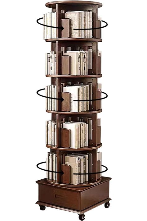 This huge 5-tier vertical wooden bookcase tower on wheels can be spun 360-degrees for easy access to a large collection of books, textbooks, or magazines. 📚 Spinning Bookcase, Bookshelf On Wheels, Vertical Bookshelf, Rotating Bookshelf, 3d Printing Toys, Standing Bookshelf, Revolving Bookcase, Tall Bookshelf, Tall Bookshelves