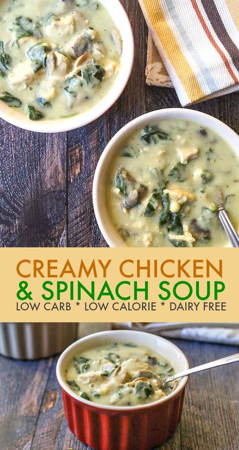 Creamy Chicken & Spinach Soup - only 135 calories & 4.0g net carbs - dairy free, paleo and low carb soup Chicken Spinach Soup, Creamy Chicken Spinach, Low Carb Low Calorie, Dairy Free Soup, Cucumber Diet, Quick And Easy Soup, Chicken Spinach, Dairy Free Paleo, Boiled Egg Diet Plan