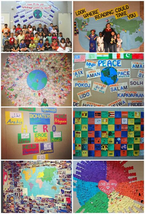 8 FANTASTIC ideas for Global and  Multicultural Bulletin Boards. Encourage kids to learn about world cultures, while creating a warm and welcoming school environment. The whole school can work together to create these works of art that celebrate cultural differences. Multicultural Bulletin Board, Diversity Bulletin Board, World Bulletin Board, World History Projects, Multicultural Classroom, Diversity Activities, Multicultural Activities, Efl Teaching, Harmony Day