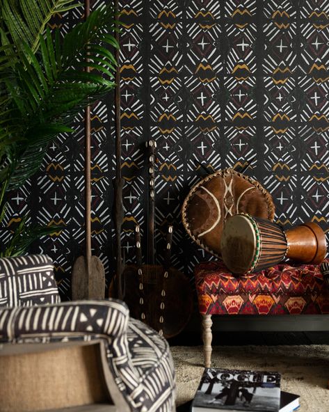 Bamana Wallpaper in Black from the Wallpaper Compendium Collection by Mind the Gap Mud Cloth Pattern, African Inspired Decor, African Interior, Cloth Pattern, African Home Decor, Bold Wallpaper, African Decor, Mind The Gap, African Mud Cloth