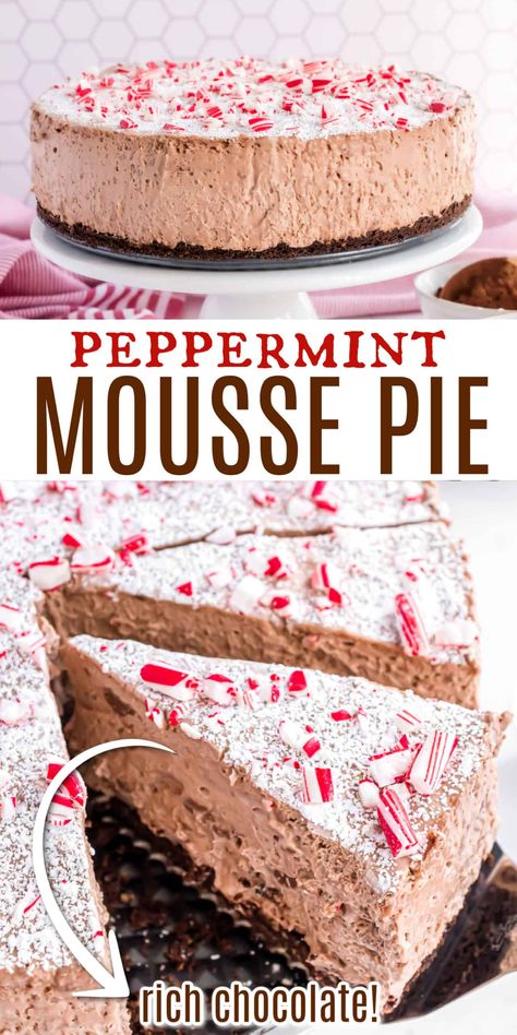 Rich and decadent Chocolate Peppermint Mousse Pie is the holiday dessert of your dreams! A creamy nutella mousse filling is served over a chocolate hazelnut crust with a crushed candy cane topping. Every bite is better than the last! Chocolate Peppermint Mousse, Peppermint Mousse, Hazelnut Crust, Crushed Candy Cane, Nutella Mousse, Peppermint Dessert, Mousse Filling, Mousse Pie, Peppermint Recipes