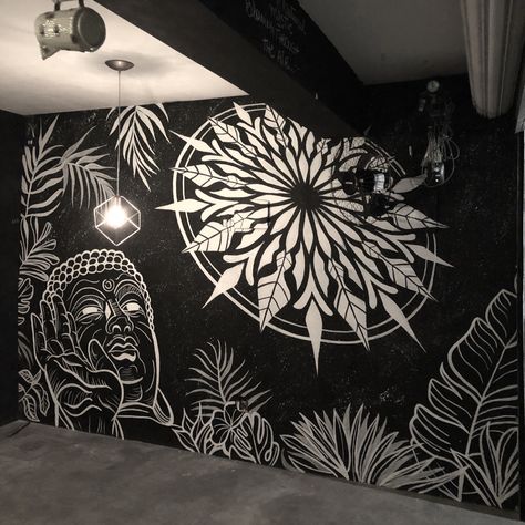 Tattoo Shop Mural Ideas, Tattoo Studio Wall Painting, Black Wall Paint Design, Graffiti Murals Ideas, Tattoo Studio Wall Art, Black Wall Painting, Tattoo Mural, Mural Tattoo, Tattoo Shop Interior